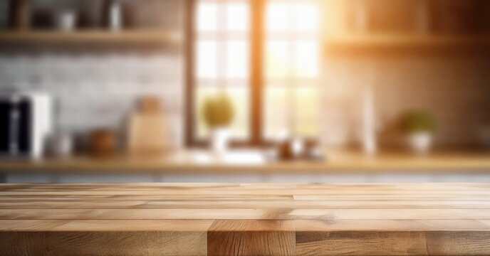 Clear and bright modern kitchen interior background with a beautifully emptied wood table top counter and blurred bokeh, ready for product montage.