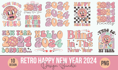Retro Happy New Year 2024 Design Bundle - obrazy, fototapety, plakaty