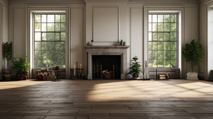 a spacious room with a dark hardwood floor and white walls and a corner fireplace