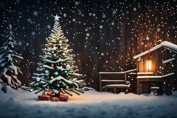 Christmas Fir Tree On Wooden Background With Snowflakes