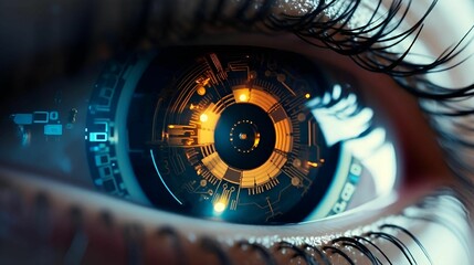 a blue and yellow eye with a futuristic pattern on the iris