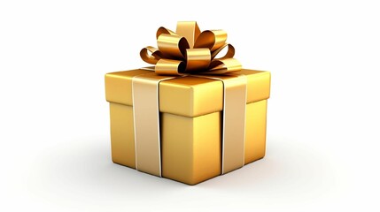 a gold wrapped gift box with a bow on top and a white background