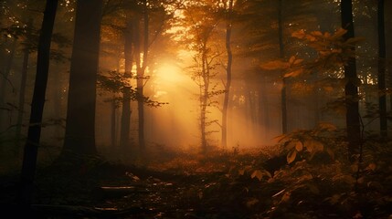 the sun is shining through the trees in the forest above - obrazy, fototapety, plakaty