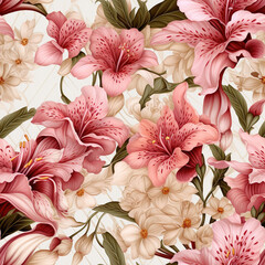 Seamless pattern of pink lilies and white chrysanthemums