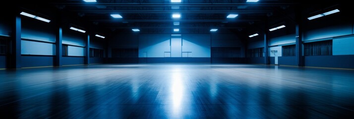 Title captivating view of an empty professional basketball court illuminated in a dimly lit arena