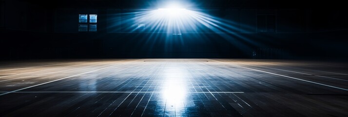 Title dramatic empty basketball court shrouded in darkness, illuminated by bright lights