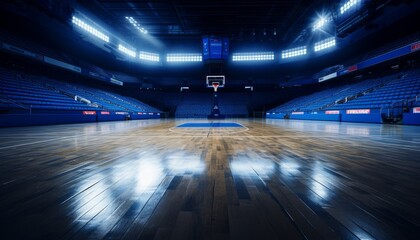 The title for this image could be eerie solitude empty basketball court in a dimly lit arena