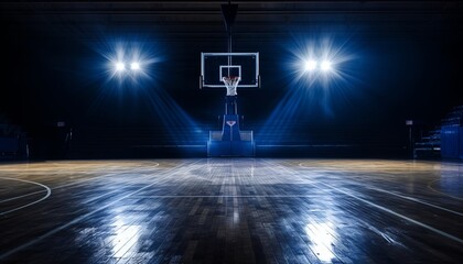 Title spectacular basketball court shrouded in darkness, illuminated by powerful lights