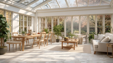 Obraz premium a spacious sunroom with light beige walls and a tiled floor and a large skylight overhead