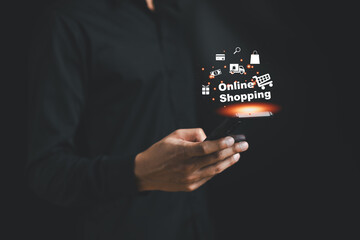 Business providing online shopping services throughout the world. Product sales, delivery shop. Man using mobile phone with online shopping, credit card, delivery, market, e-commerce tech concept