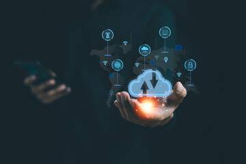 Cloud computing server technology business. Businessman using smartphone. Big data, Data storage, data transfer, Networking and internet service concept. Online Global communication data connection.
