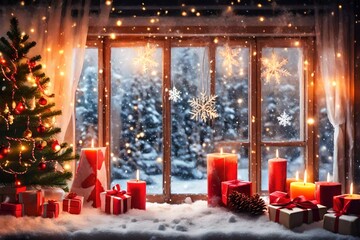 Fototapeta na wymiar Christmas Window Holiday Home Lights, Room Decorated By Xmas Tree Candles Presents Gift, New Year Night, Snow And Frost