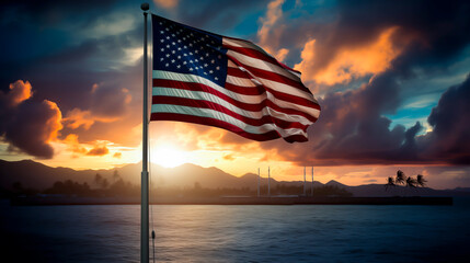 US Flag by the water. Concept of Remembrance day for the attack on Pearl Harbor during world war 2. Shallow field of view. - obrazy, fototapety, plakaty
