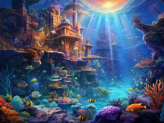 Illustration of a colorful reef with an underwater city