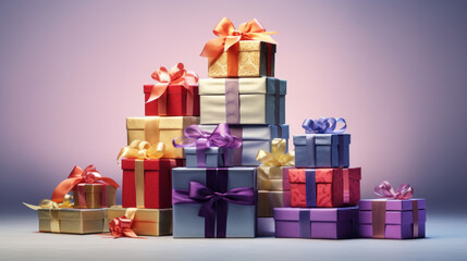 a stack of gift boxes with colorful ribbons