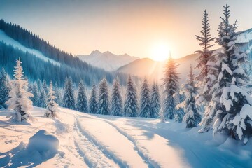 Obraz premium Beautiful winter landscape in mountains. View of snow-covered conifer trees and snowflakes at sunrise. Merry Christmas and happy New Year Background. Retro style. Instagram toning.