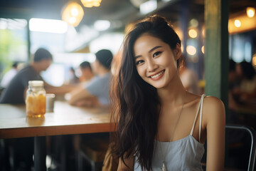 Young Asian woman with a captivating smile, enjoying a moment of leisure in a bustling café