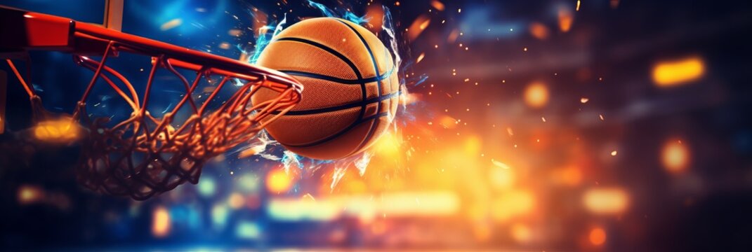 Energetic basketball effortlessly gliding through a basketball hoop in mid air perfection