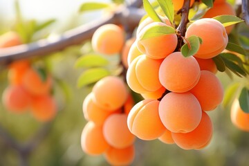 Lush apricot tree with ripe fruits hanging from its branches in a scenic orchard setting