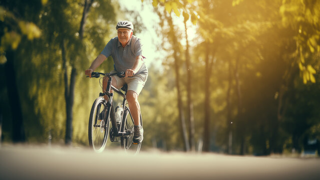 An old man with a healthy smile riding a bicycle outdoors to maintain his health