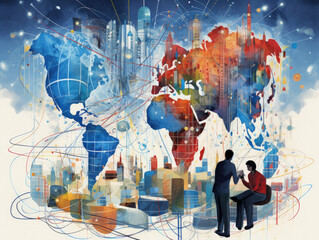 World map illustration with a city and people in a business context
