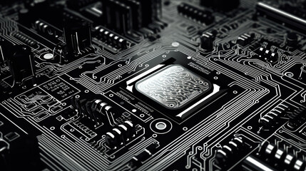 Black and White Cartoon Style PCB Board with Wires
