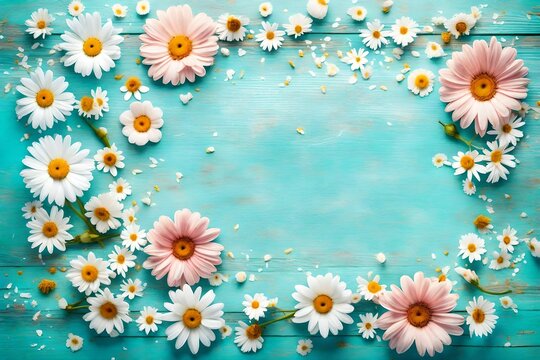 Lovely pastel flowers frame with daisies on turquoise blue shabby chic background, top view, border. Layout for greeting of Mothers day, wedding, Birthday or happy event