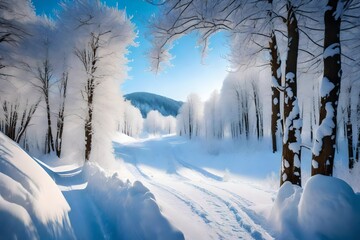 Winter landscape with fair trees under the snow. Scenery for the tourists. Christmas holidays. Trampled path in the snowdrifts.
