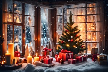 Fototapeta na wymiar Christmas Window Holiday Home Lights, Room Decorated By Xmas Tree Candles Presents Gift, New Year Night, Snow And Frost