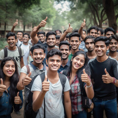 Indian college student group showing thumbs up at college campus - obrazy, fototapety, plakaty