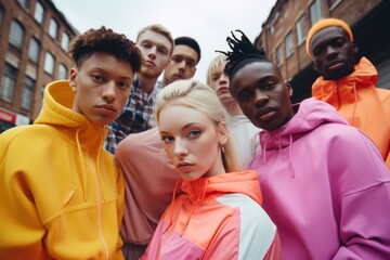 Obraz premium Portraits d'un groupe de jeunes adolescents, habillés en tenues cool et colorées, dans la ville