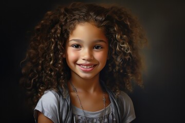 Illustration d'un portrait dune jeune fille de dix ans avec des cheveux bouclés - obrazy, fototapety, plakaty