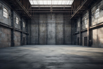 Naklejka na ściany i meble A vast, empty warehouse exhibits an aura of quiet abandonment, with sunlight filtering through the high windows to cast subtle shadows on the concrete floor.