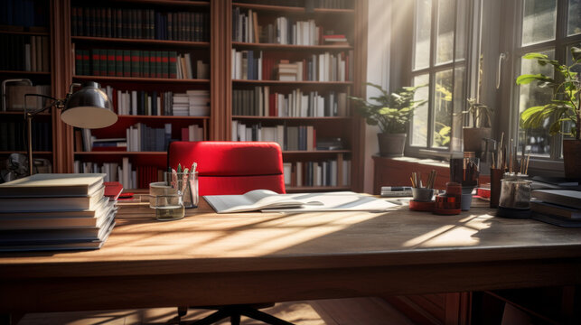 a study with a glass-topped desk and shelves filled with books and a red armchair