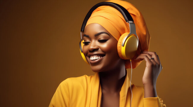 Femme africaine, souriante, écoutant de la musique au casque, sur fond jaune, orange.