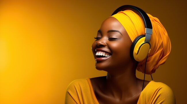 Femme africaine, souriante, écoutant de la musique au casque, sur fond jaune, orange, image avec espace pour texte.
