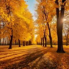 Beautiful bright colorful autumn landscape with a carpet of yellow leaves. Natural park with autumn trees on a bright sunny day. - Generative AI