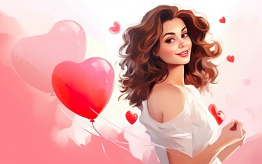 Pretty woman with wavy brown hair wearing elegant white dress, holding heart shaped balloons on pink background. Romantic composition. Valentines day, engagement or wedding party. AI Generative