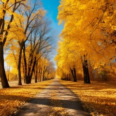 Fototapeta premium Beautiful bright colorful autumn landscape with a carpet of yellow leaves. Natural park with autumn trees on a bright sunny day. - Generative AI