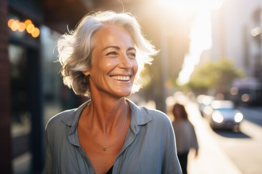 Mature caucasian woman smiling happy face on city street
