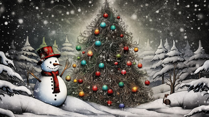 Obraz premium Smiling snowman and Christmas tree on a winter night, bold cartoon style illustration