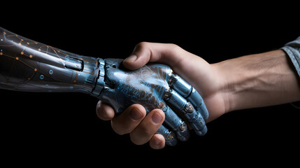 Handshake between man & robot. Human / AI collaboration concept