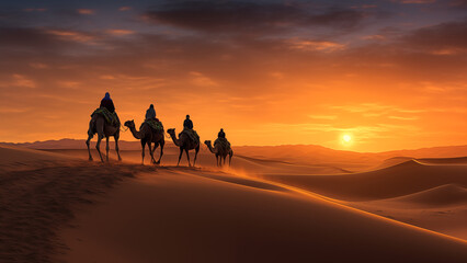 Fototapeta na wymiar A procession of caravans crossing the endless desert sea at sunset