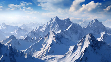 A stunning aerial shot of a mountain range with jagged peaks and snow-covered slopes
