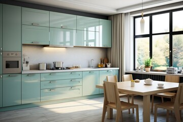Fototapeta premium Interior of the kitchen in Scandinavian style with light furniture and a dining table and window