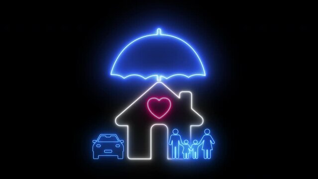 Insurance service concept design. Home, car and family are under an umbella. Vector illustration. Able use graphic isolated transparent background.