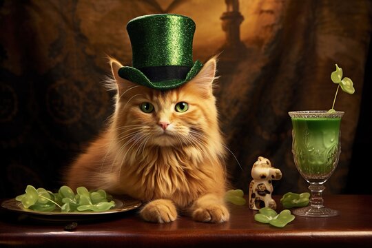 Cute  cat wearing a green top hat for St. Patrick's Day.