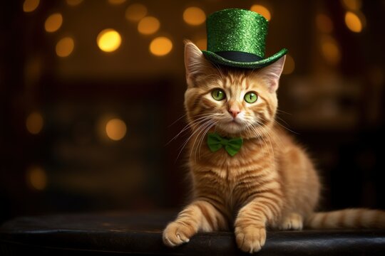 Cute  cat wearing a green top hat for St. Patrick's Day.