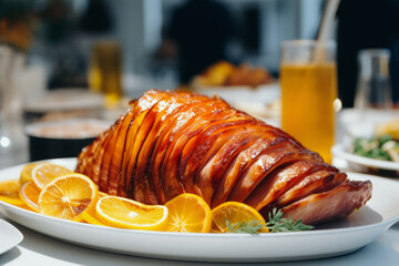 Close up of fried sliced honey glazed ham in background of modern restaurant. Lifestyle concept of food and cooking. - obrazy, fototapety, plakaty