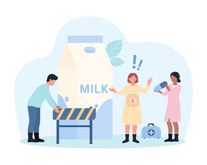 Lactose intolerance vector illustration. Cartoon tiny people holding barrier to put in front of milk bottle, doctors protect patient from inflammation and allergy symptoms of gastrointestinal tract